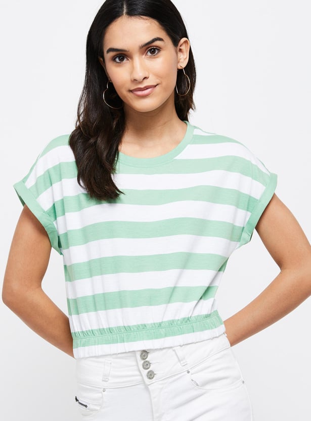 Women Striped Round Neck Cropped T-shirt