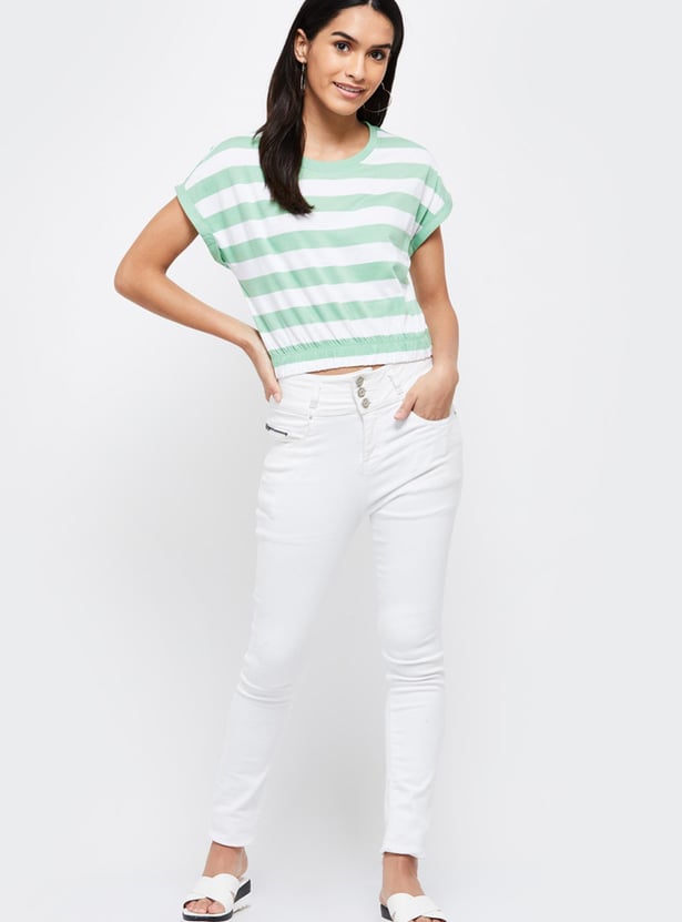 Women Striped Round Neck Cropped T-shirt