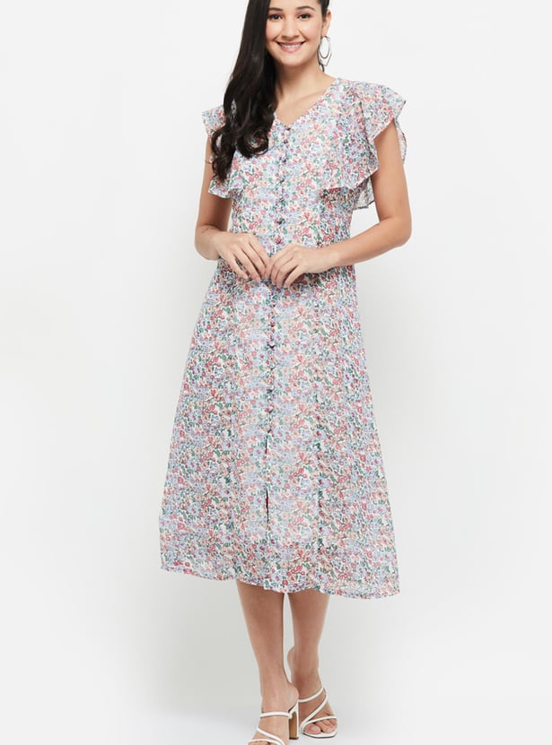 Women Printed Flutter Sleeves A-line Dress