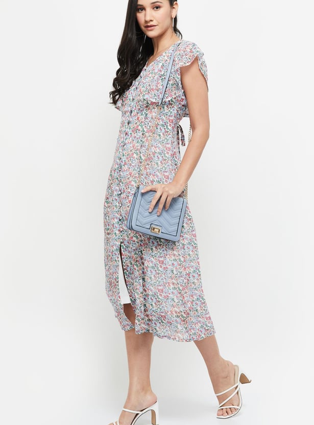 Women Printed Flutter Sleeves A-line Dress