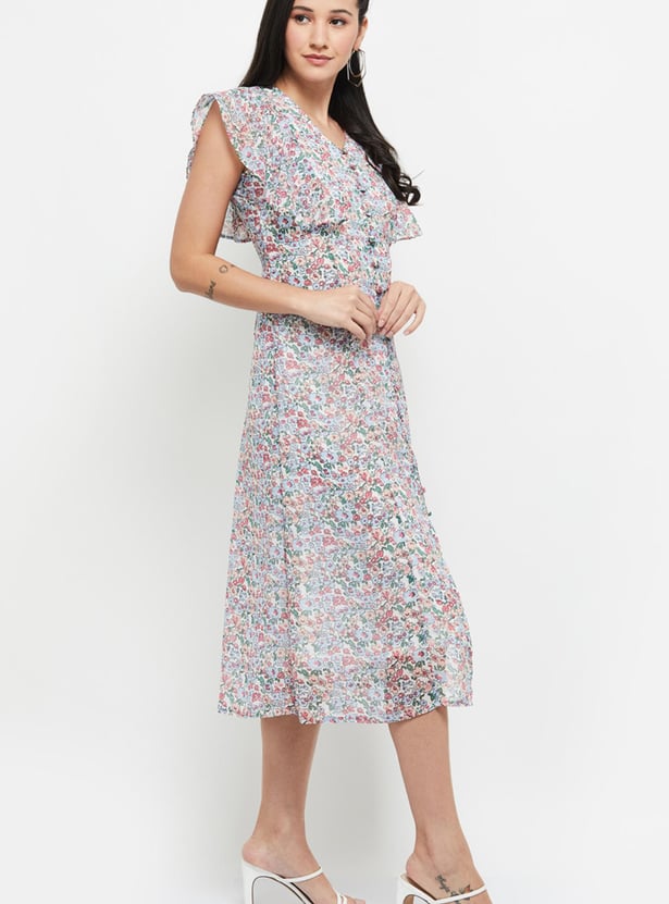 Women Printed Flutter Sleeves A-line Dress