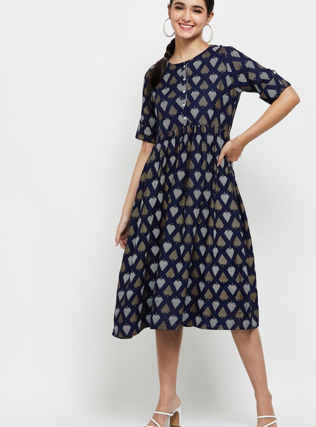 Women Printed Short Sleeves A-line Dress 