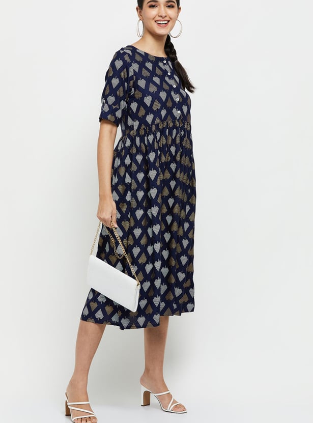 Women Printed Short Sleeves A-line Dress 