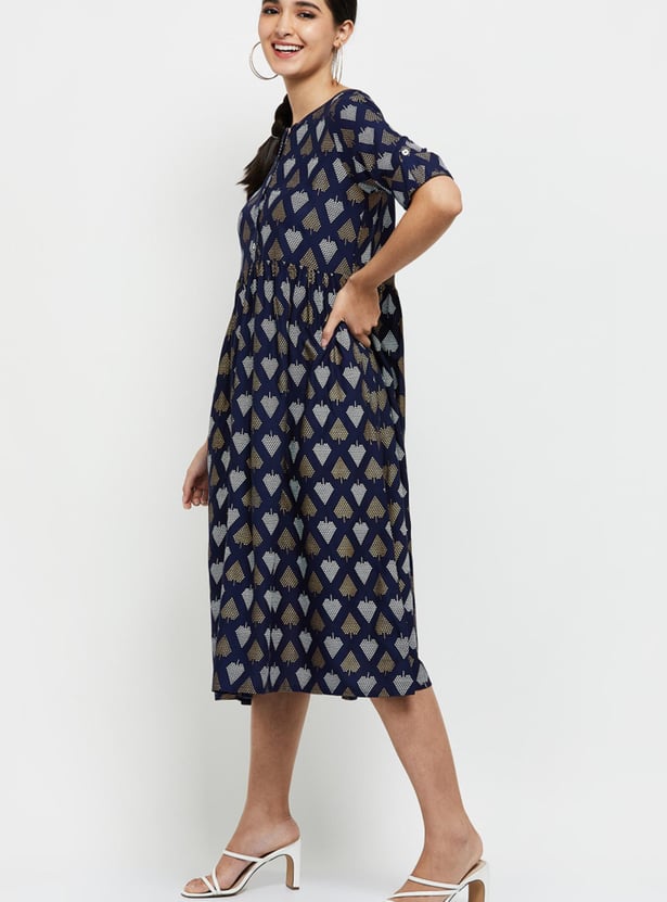 Women Printed Short Sleeves A-line Dress 