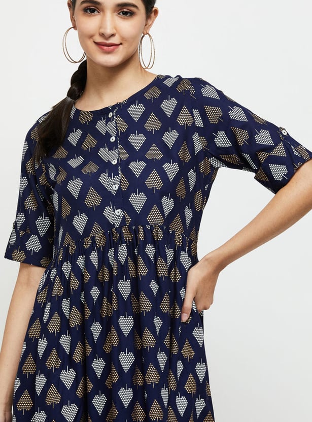 Women Printed Short Sleeves A-line Dress 