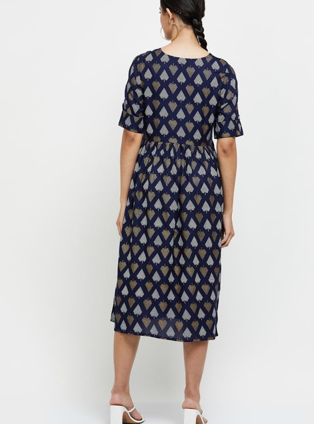 Women Printed Short Sleeves A-line Dress 