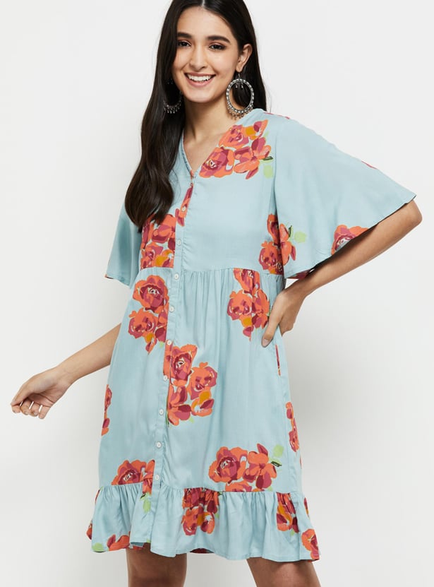 Women Printed V-neck A-Line Dress