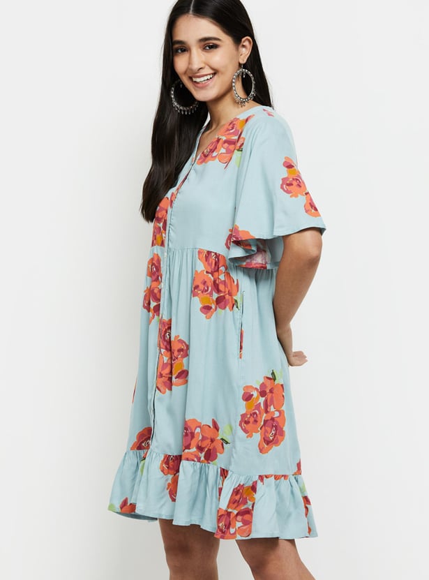 Women Printed V-neck A-Line Dress
