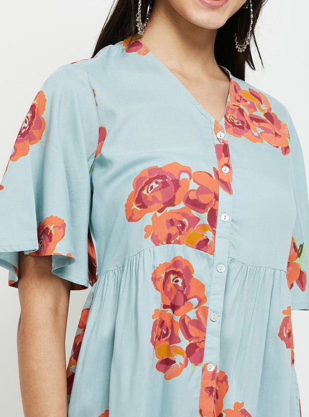 Women Printed V-neck A-Line Dress