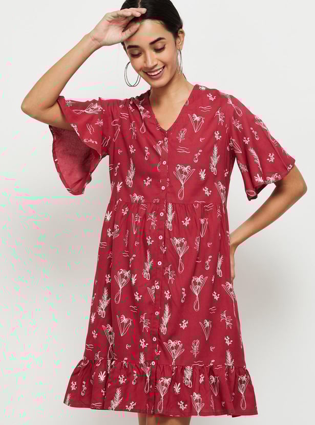 Women Printed V-neck A-Line Dress