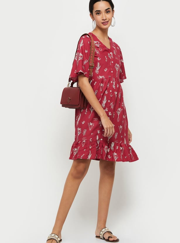 Women Printed V-neck A-Line Dress