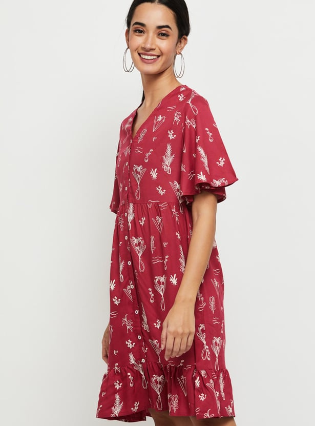 Women Printed V-neck A-Line Dress