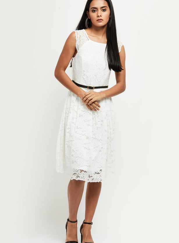 Women Lace Belted A-Line Dress