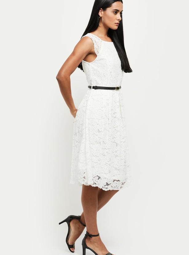 Women Lace Belted A-Line Dress
