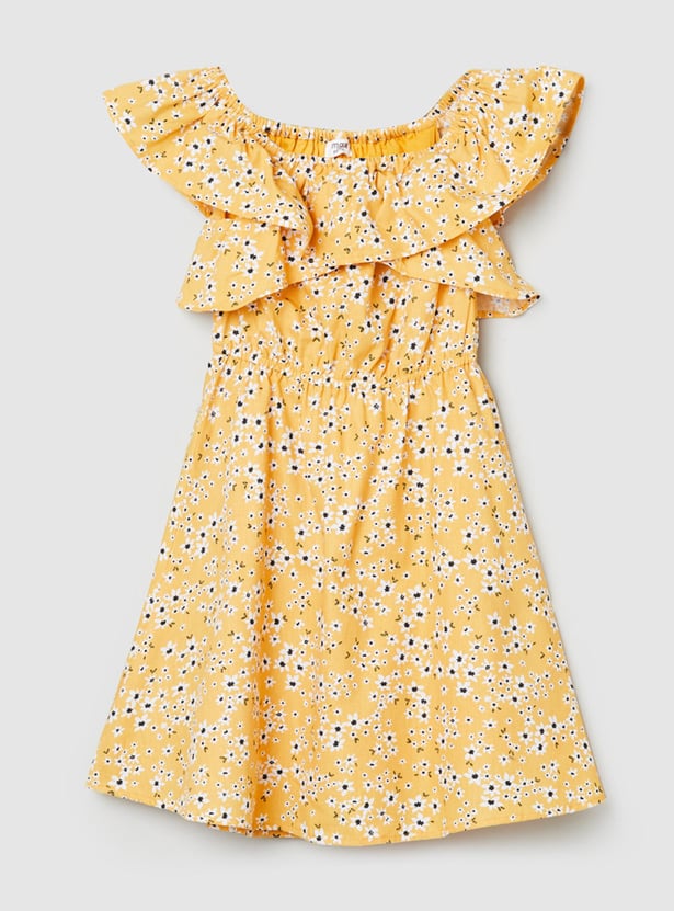 Girls Printed Off-Shoulder A-Line Dress