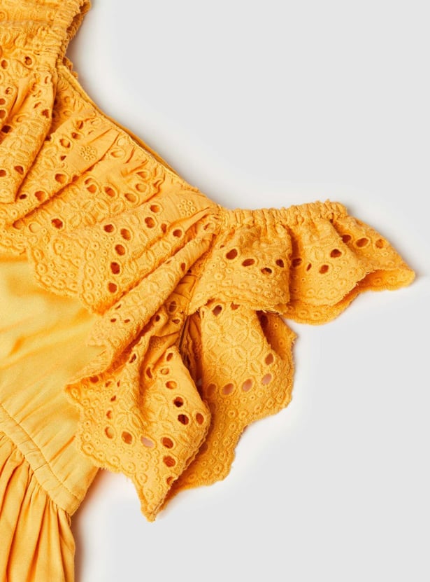 Girls Yellow Sequinned Schiffli Dress