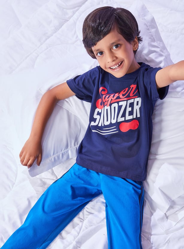 Boys Printed Crew Neck T-shirt with Striped Pyjamas 