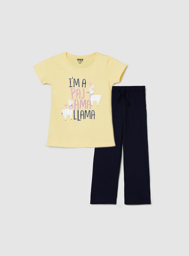 Girls Printed Round Neck T-shirt with Elasticated Pyjamas