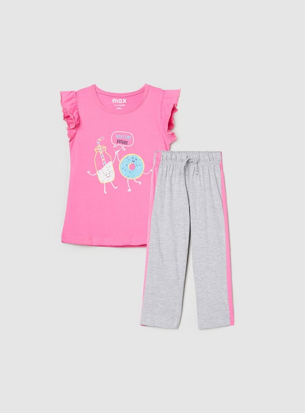 Girls Printed Ruffled Sleeve T-shirt with Panelled Pyjamas 