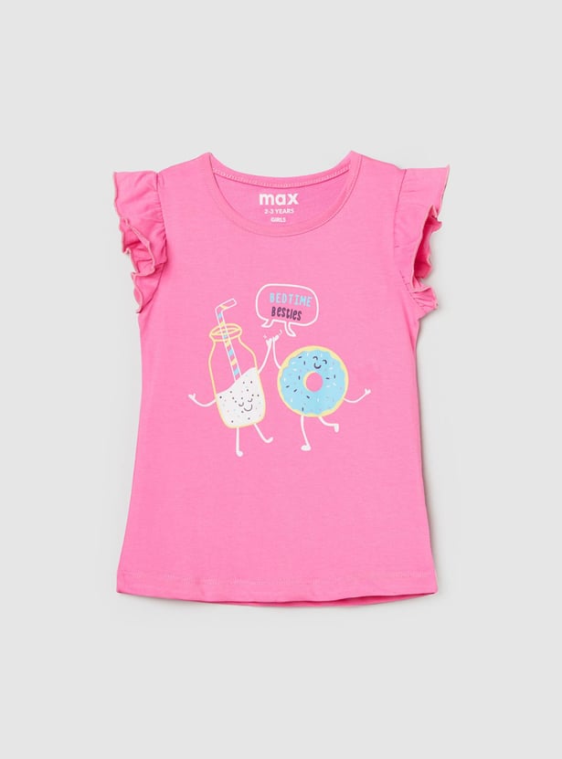 Girls Printed Ruffled Sleeve T-shirt with Panelled Pyjamas 