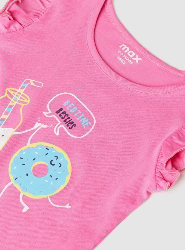 Girls Printed Ruffled Sleeve T-shirt with Panelled Pyjamas 