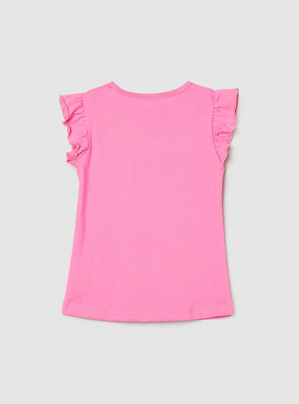 Girls Printed Ruffled Sleeve T-shirt with Panelled Pyjamas 