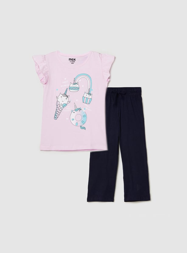 Girls Printed T-shirt with Solid Pyjamas 