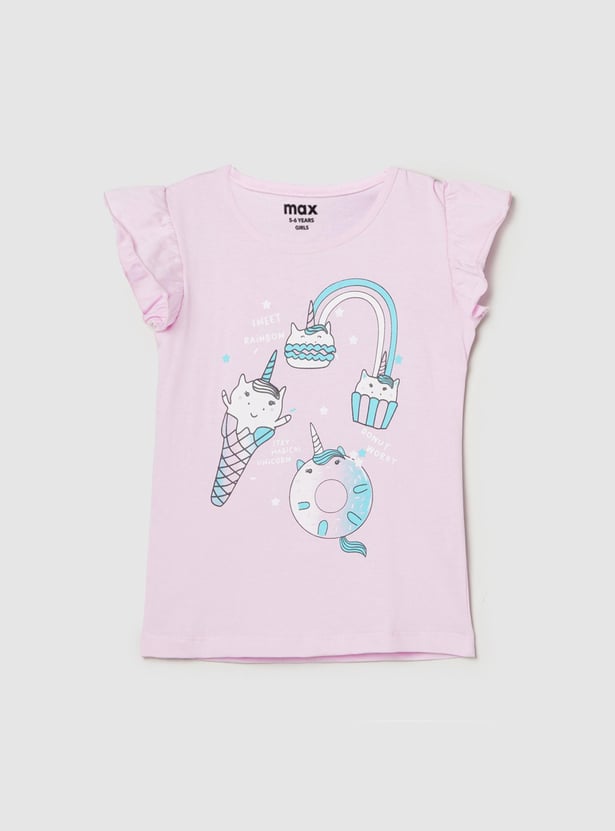 Girls Printed T-shirt with Solid Pyjamas 