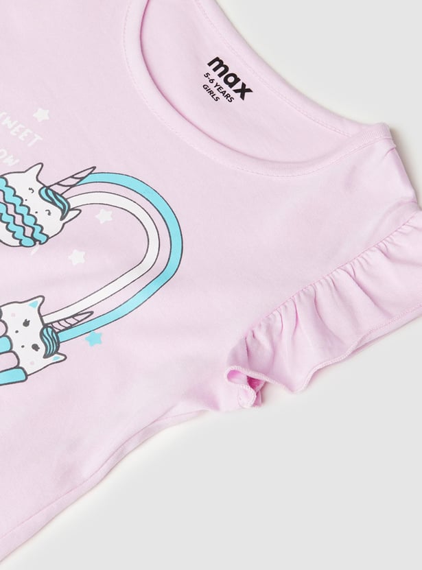 Girls Printed T-shirt with Solid Pyjamas 
