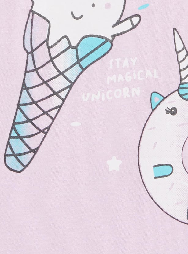 Girls Printed T-shirt with Solid Pyjamas 