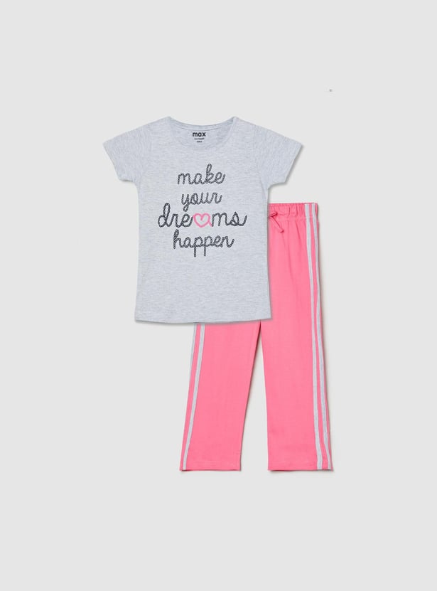 Girls Printed Round Neck T-shirt with Elasticated Track Pants