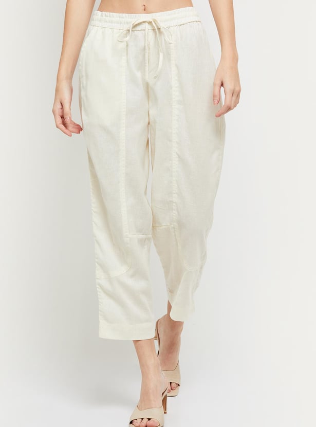 Women Solid Drawstring Waist Ankle-Length Trousers 