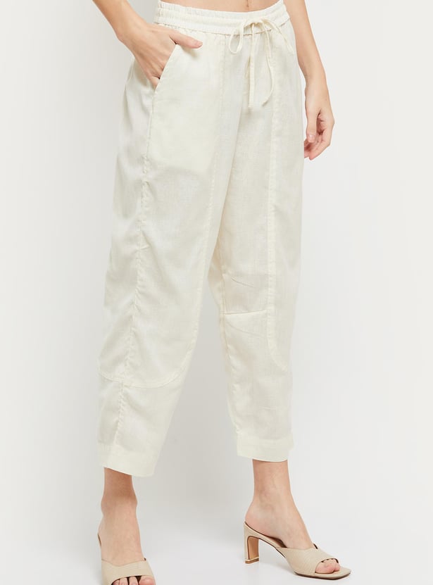 Women Solid Drawstring Waist Ankle-Length Trousers 