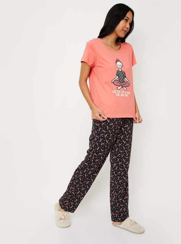 Women Cotton Printed T-shirt with Pyjamas