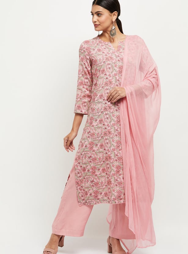 Women Cotton Printed Straight Kurta with Palazzos and Dupatta