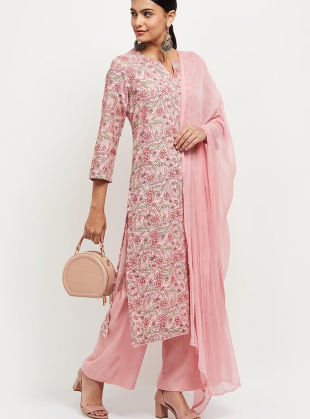 Women Cotton Printed Straight Kurta with Palazzos and Dupatta