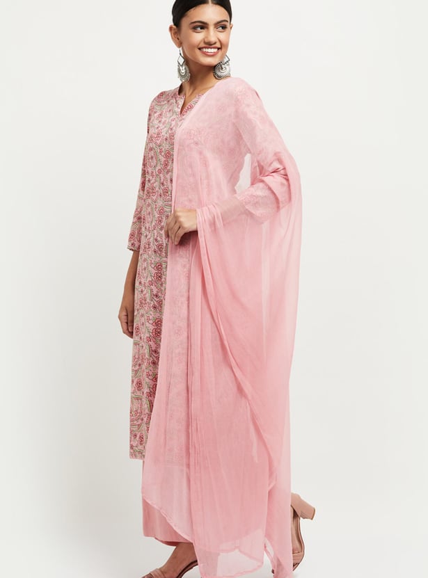 Women Cotton Printed Straight Kurta with Palazzos and Dupatta