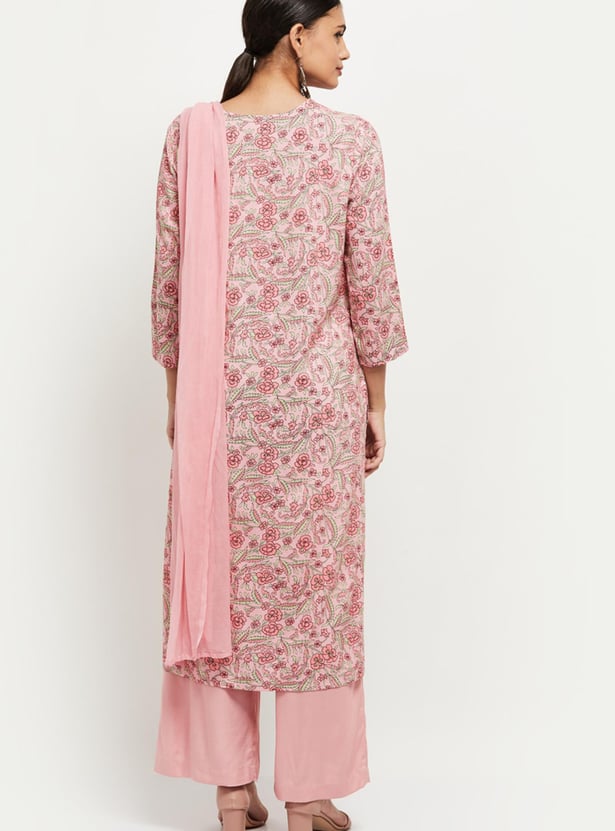 Women Cotton Printed Straight Kurta with Palazzos and Dupatta