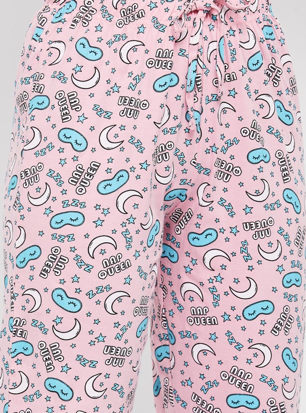 Women Printed Round Neck T-shirt with Capris