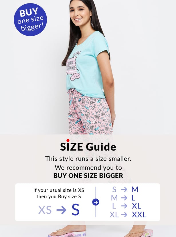 Women Printed Round Neck T-shirt with Capris