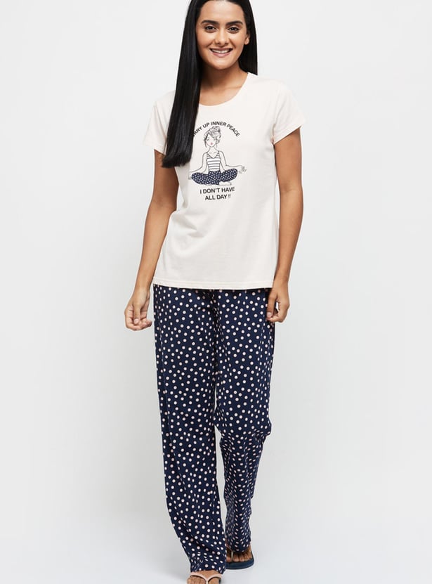 Women Printed Round Neck T-shirt with Elasticated Pyjamas