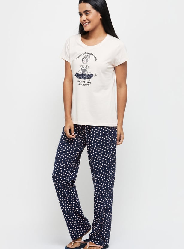 Women Printed Round Neck T-shirt with Elasticated Pyjamas