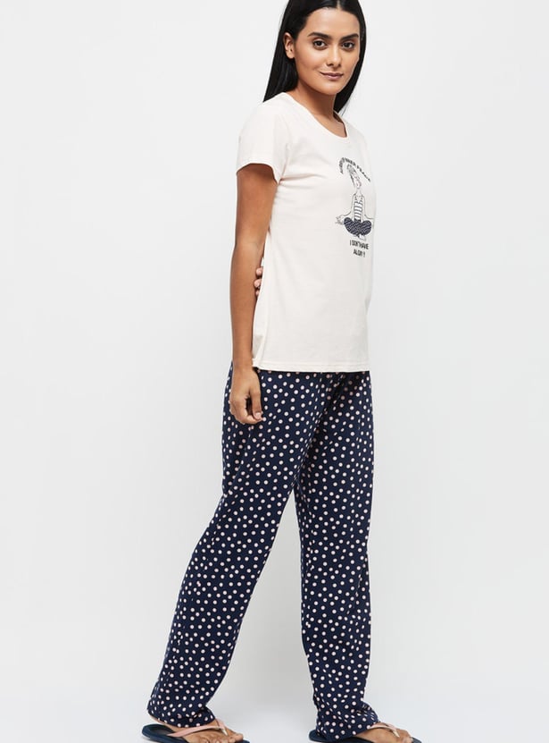 Women Printed Round Neck T-shirt with Elasticated Pyjamas