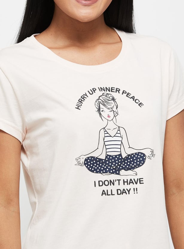 Women Printed Round Neck T-shirt with Elasticated Pyjamas