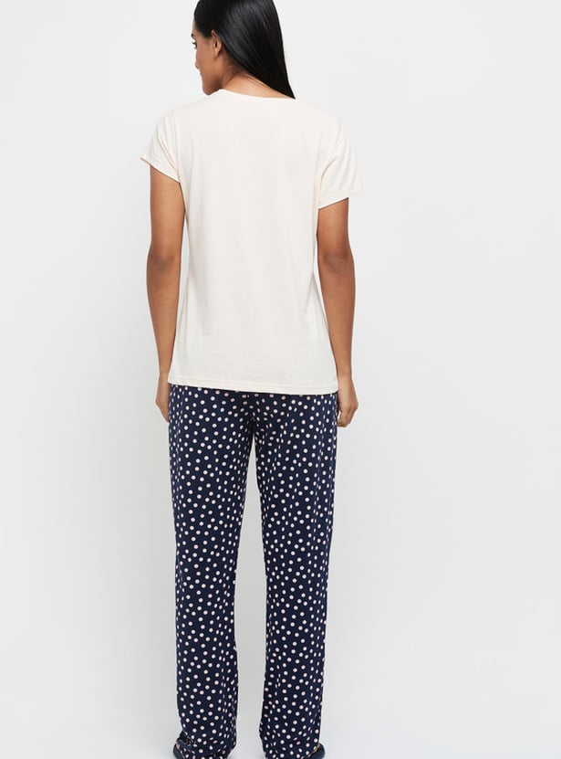 Women Printed Round Neck T-shirt with Elasticated Pyjamas