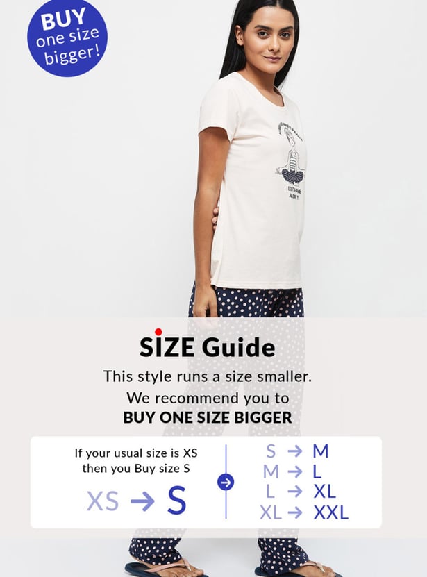 Women Printed Round Neck T-shirt with Elasticated Pyjamas