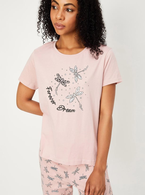 Women Printed Round Neck T-shirt with Elasticated Capris