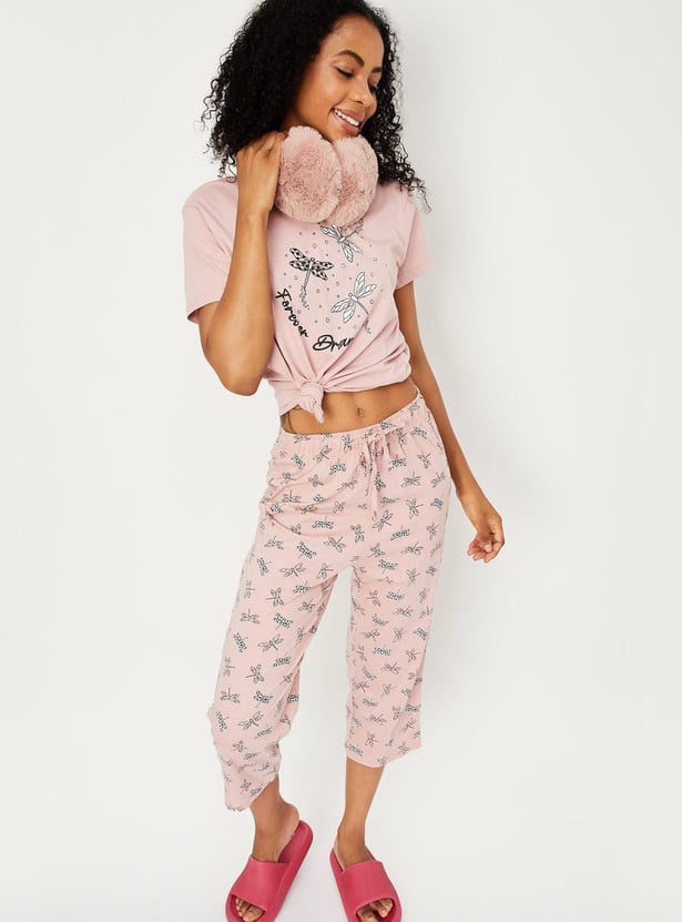 Women Printed Round Neck T-shirt with Elasticated Capris