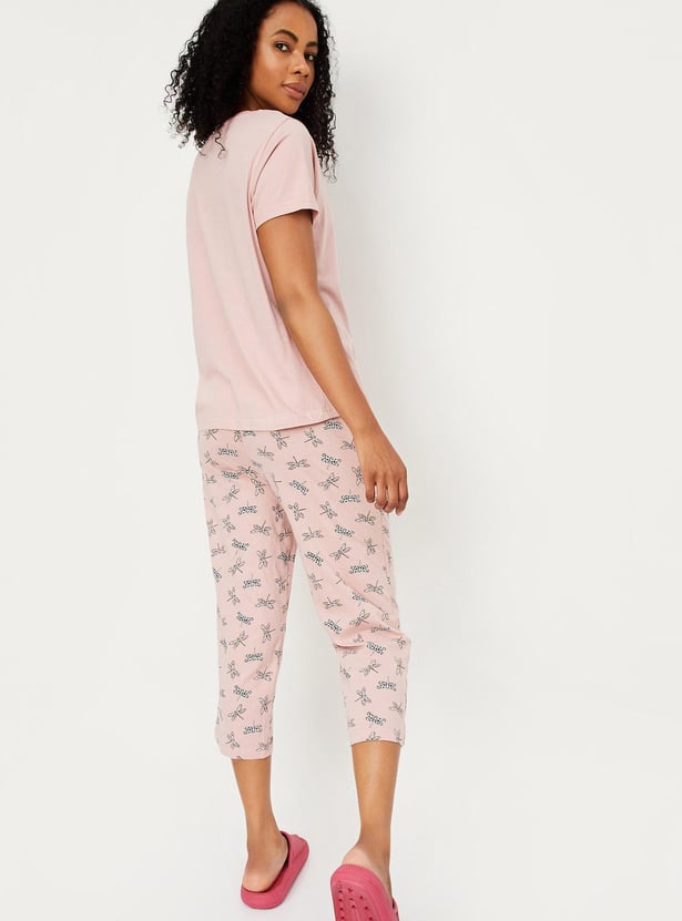 Women Printed Round Neck T-shirt with Elasticated Capris
