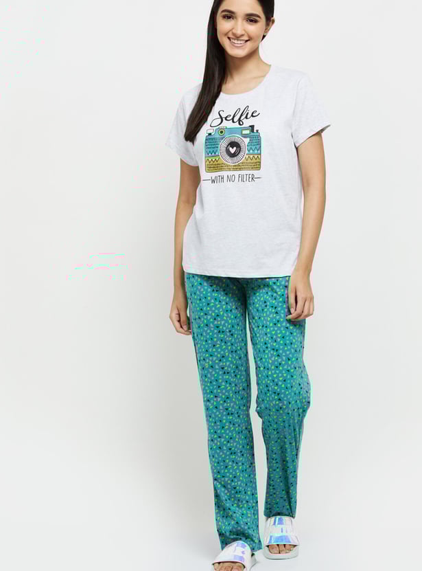 Women Printed Round Neck T-shirt with Elasticated Pyjamas